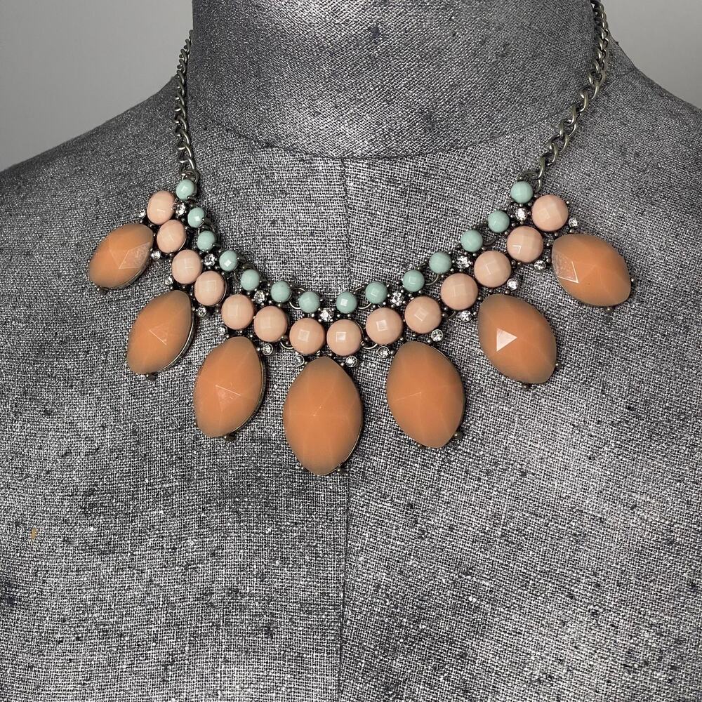 Statement necklace pink green costume jewelry peach in silver tone